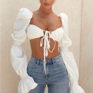 House of CB White Puff Sleeve Tie Front Crop Top